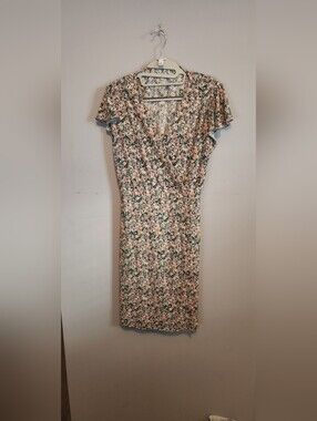 Nine West Pink and Green Floral Wrap-Style Midi Dress